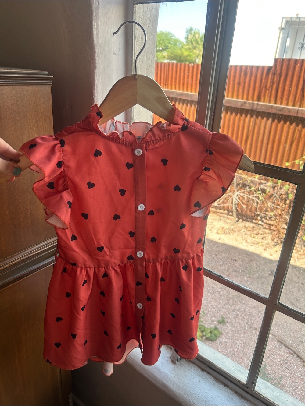 SHEIN Coral Heart Print Ruffle Sleeve Button Front Top size 6 Y